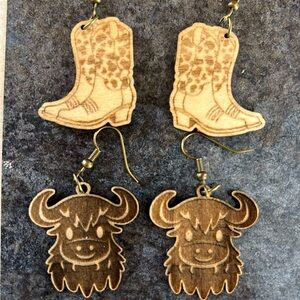 Wood western cowboy earrings